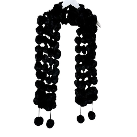 Fur Pompom Scarf Black 6x64" Evening Accessory Party Prom - Picture 2 of 6